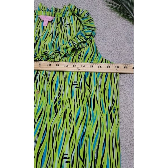 LILLY PULITZER Size 6 Multicolor Graphic Print Sleeveless Silk Ruffle V-Neck Top - Picture 12 of 14